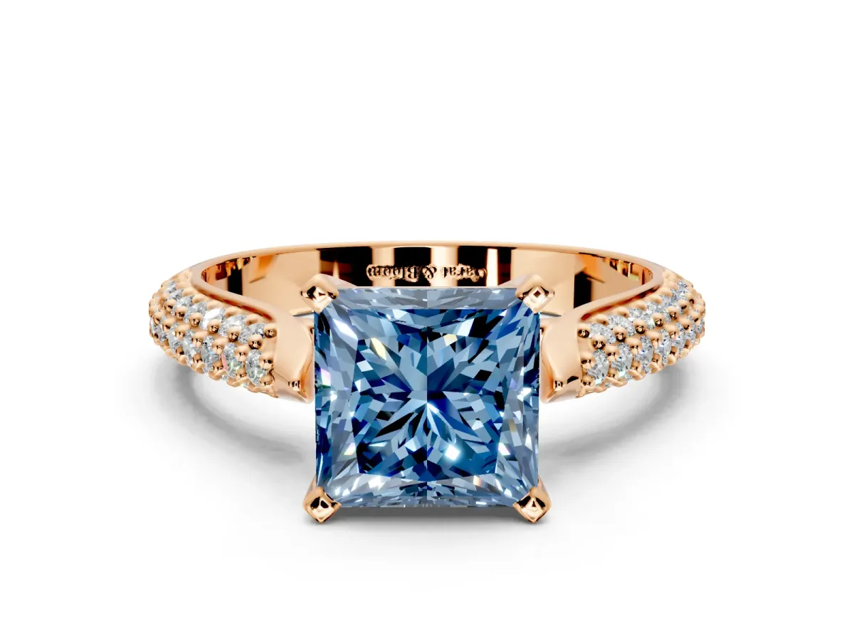 Solitaire Engagement Ring Setting for Fancy Blue Princess Cut Center with Multi-Row Accents and Prong Head in Rose Gold