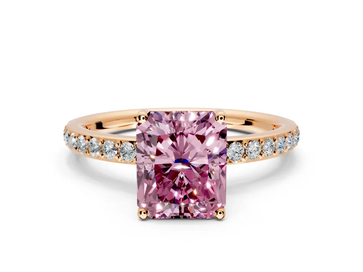 Solitaire Engagement Ring Setting for Fancy Pink Radiant Cut Center with Fine Pave Band and Prong Head in Rose Gold