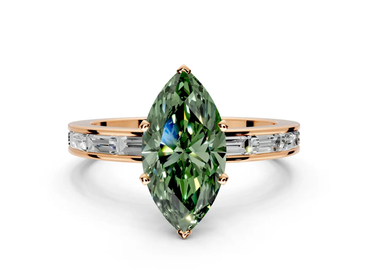 Solitaire Engagement Ring Setting for Fancy Green Marquise Center with Channel Baguette Band and Prong Head in Rose Gold
