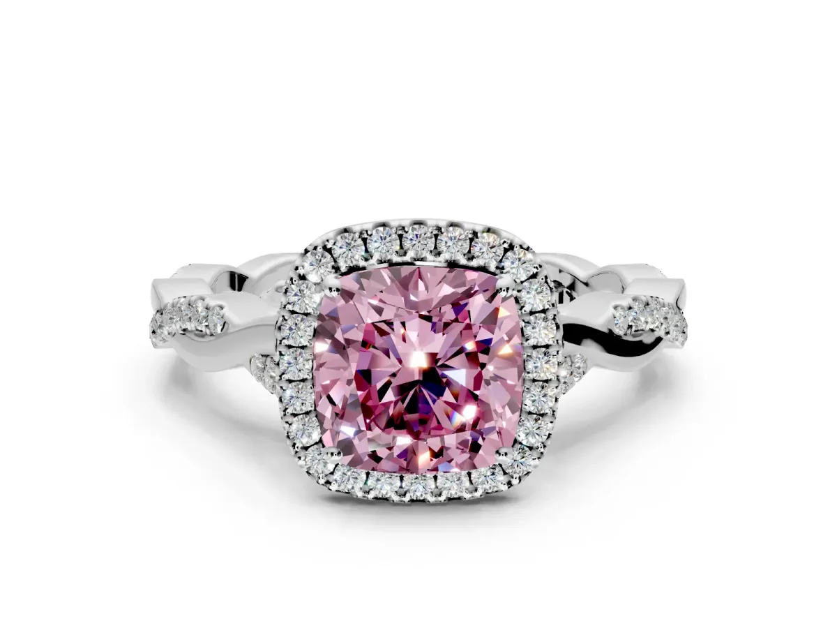 Halo Engagement Ring Setting for Fancy Pink Cushion Cut Center with Twist Band and Prong Head in Sterling Silver
