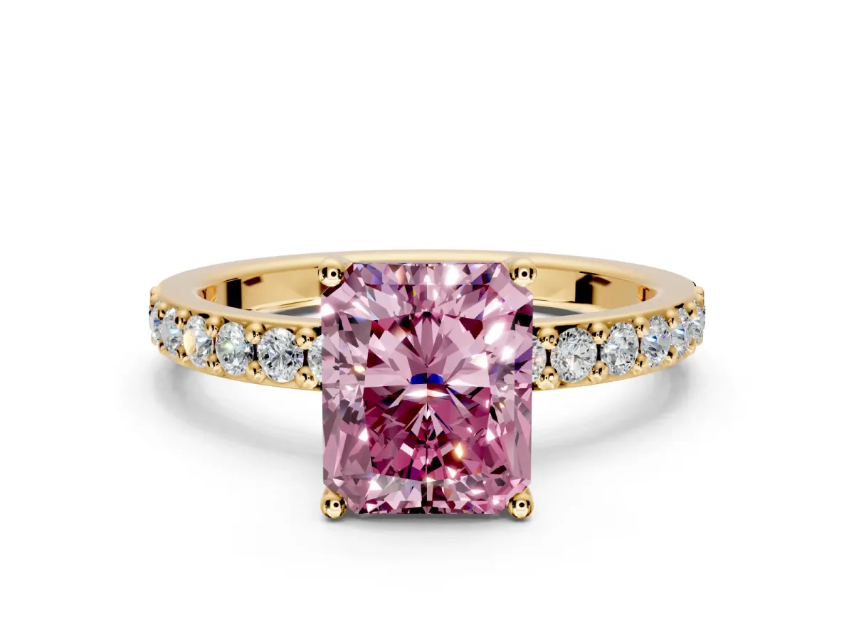 Solitaire Engagement Ring Setting for Fancy Pink Radiant Cut Center with Round Cut Pave Band and Prong Head in Yellow Gold