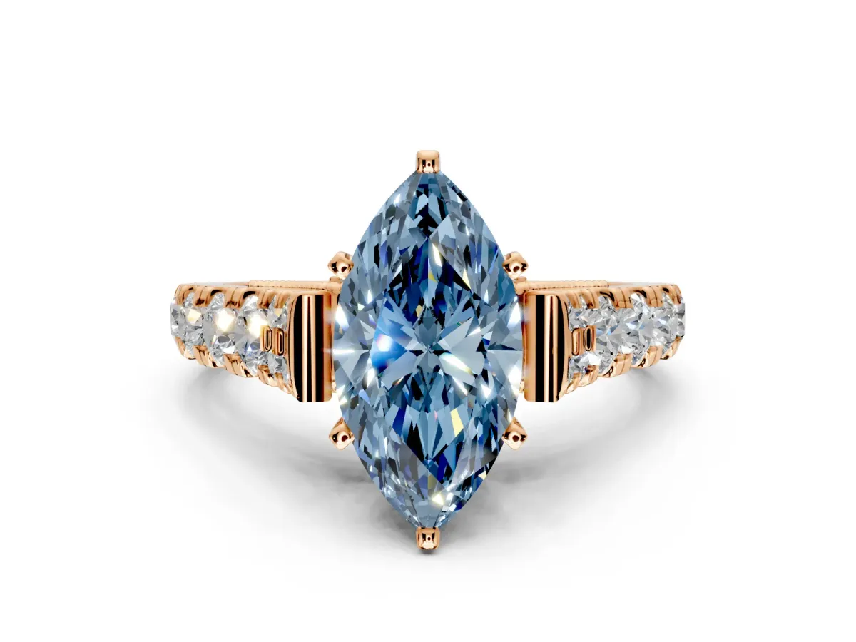 Solitaire Engagement Ring Setting for Fancy Blue Marquise Center with Pave Cathedral Shoulders and Prong Head in Rose Gold