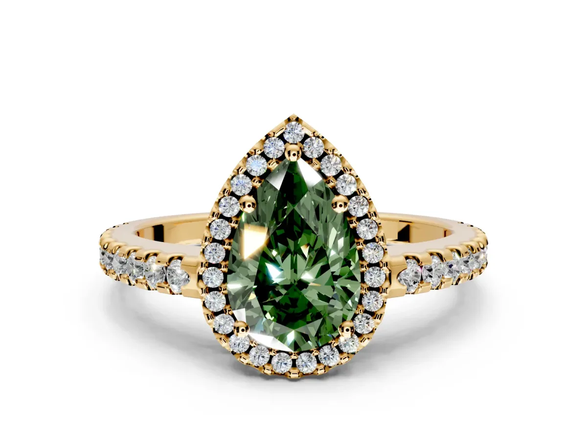 Accent Halo Engagement Ring Setting for Fancy Green Pear-Shaped Center with Full-Length Pave Band and Prong Head in Yellow Gold