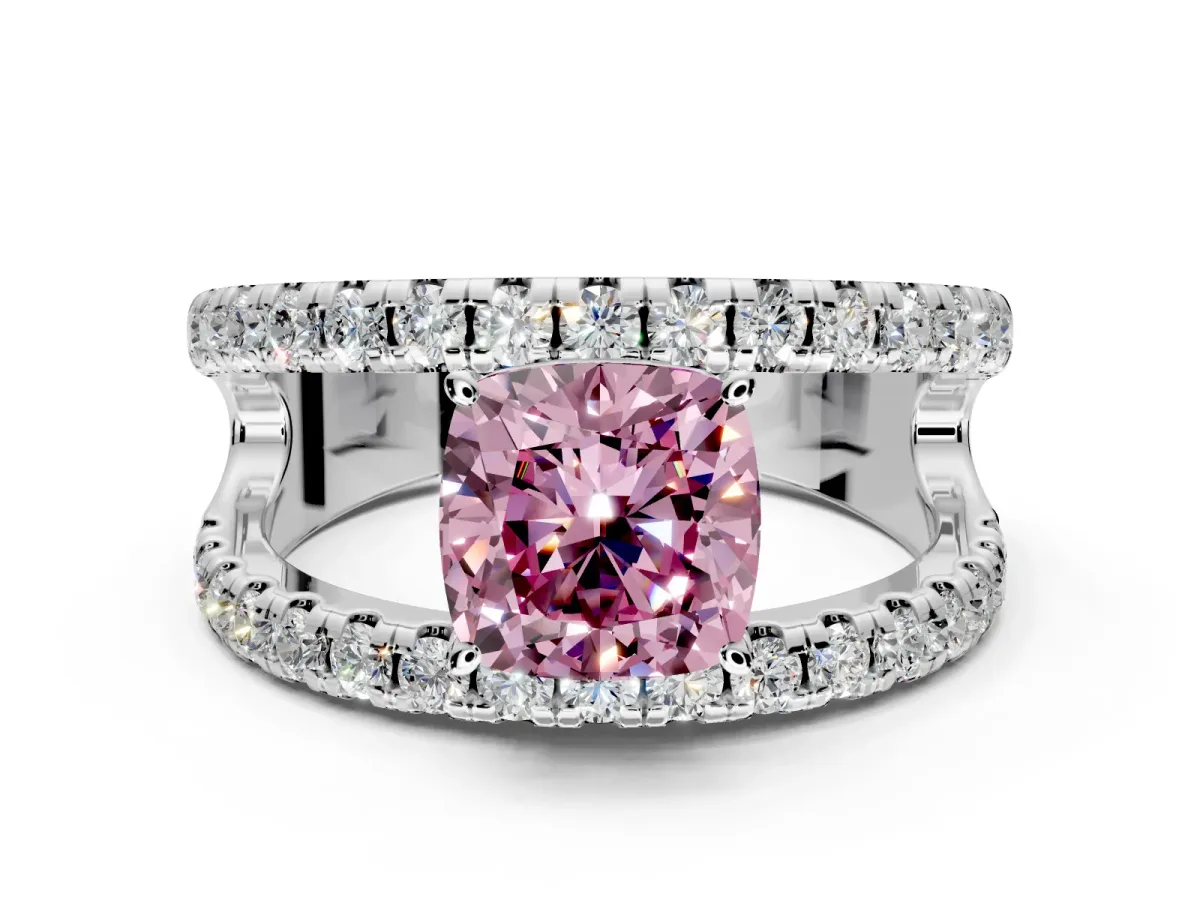 Solitaire Engagement Ring Setting for Fancy Pink Cushion Cut Center with Wide-Open Split Shank and Prong Head in Platinum