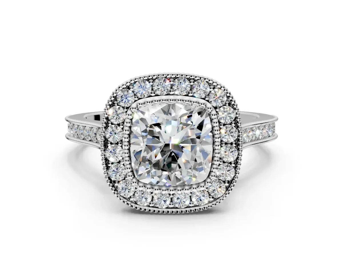 Halo Engagement Ring Setting for Cushion Cut Center with Milgrain Frame, Pave Band and Prong Head in Platinum
