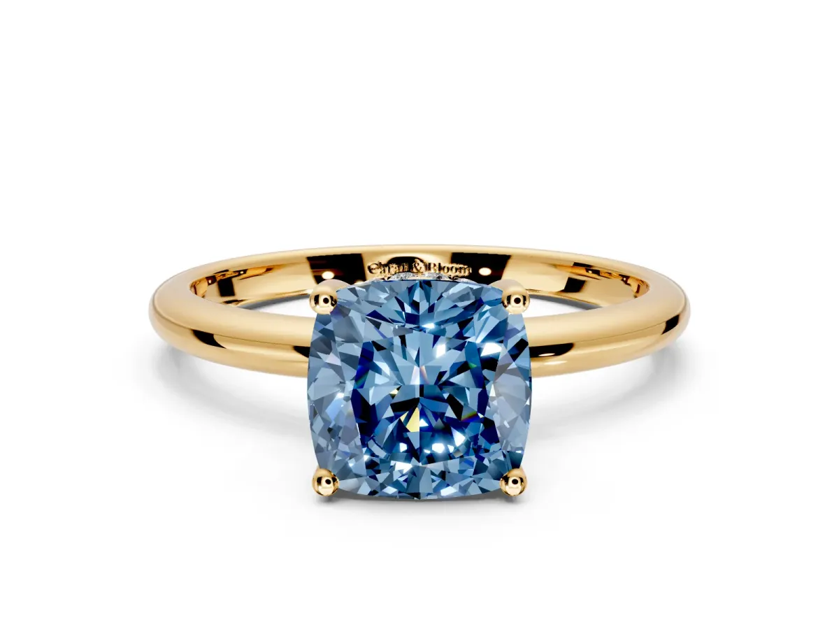 Hidden Halo Engagement Ring Setting for Fancy Blue Cushion Cut Center with Thin Round-Wire Band and Prong Head in Yellow Gold