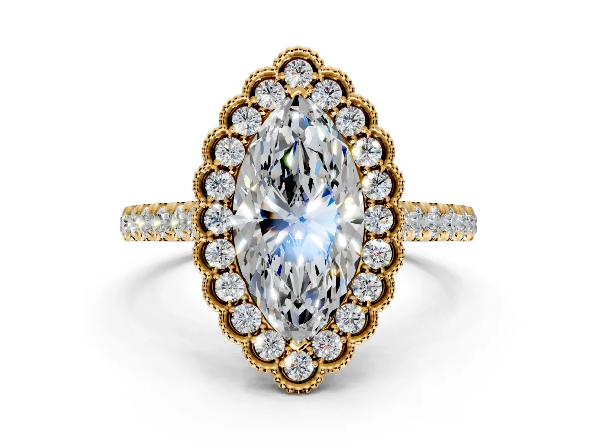 Milgrain Floral Halo Engagement Ring Setting for Marquise Center with Pave Band and Prong Head in Yellow Gold