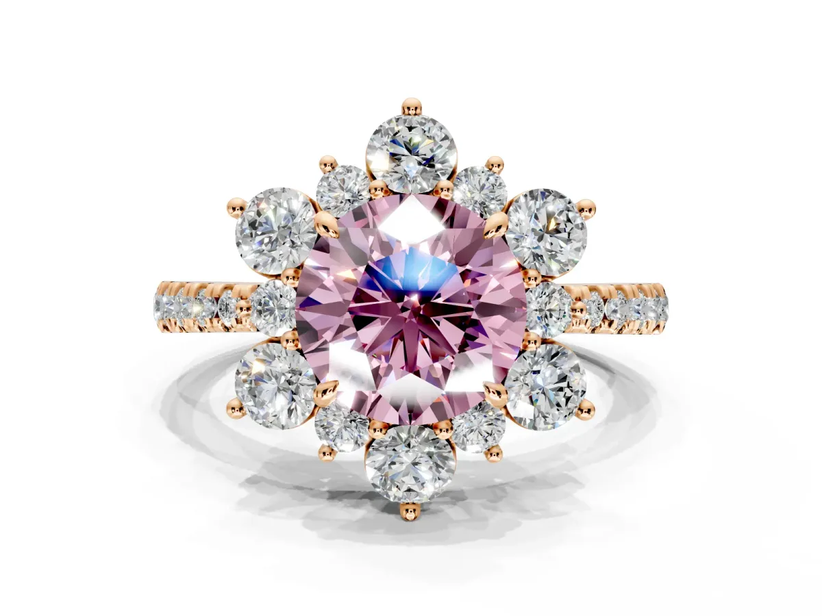 Floral Halo Engagement Ring Setting for Fancy Pink Round Cut Center with Pave Accents and Prong Head in Rose Gold
