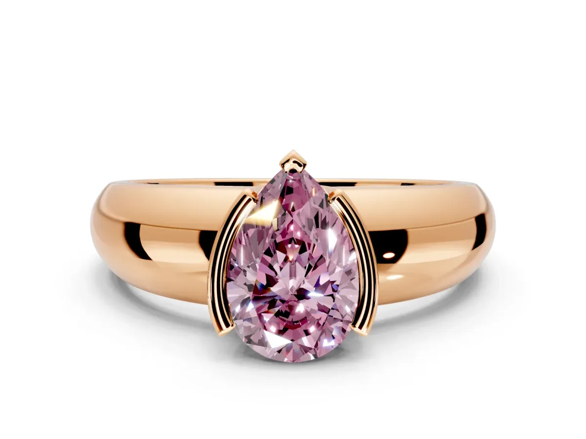 Tension Engagement Ring Setting for Fancy Pink Pear-Shaped Center with Wide Flat Band and Tension Head in Rose Gold