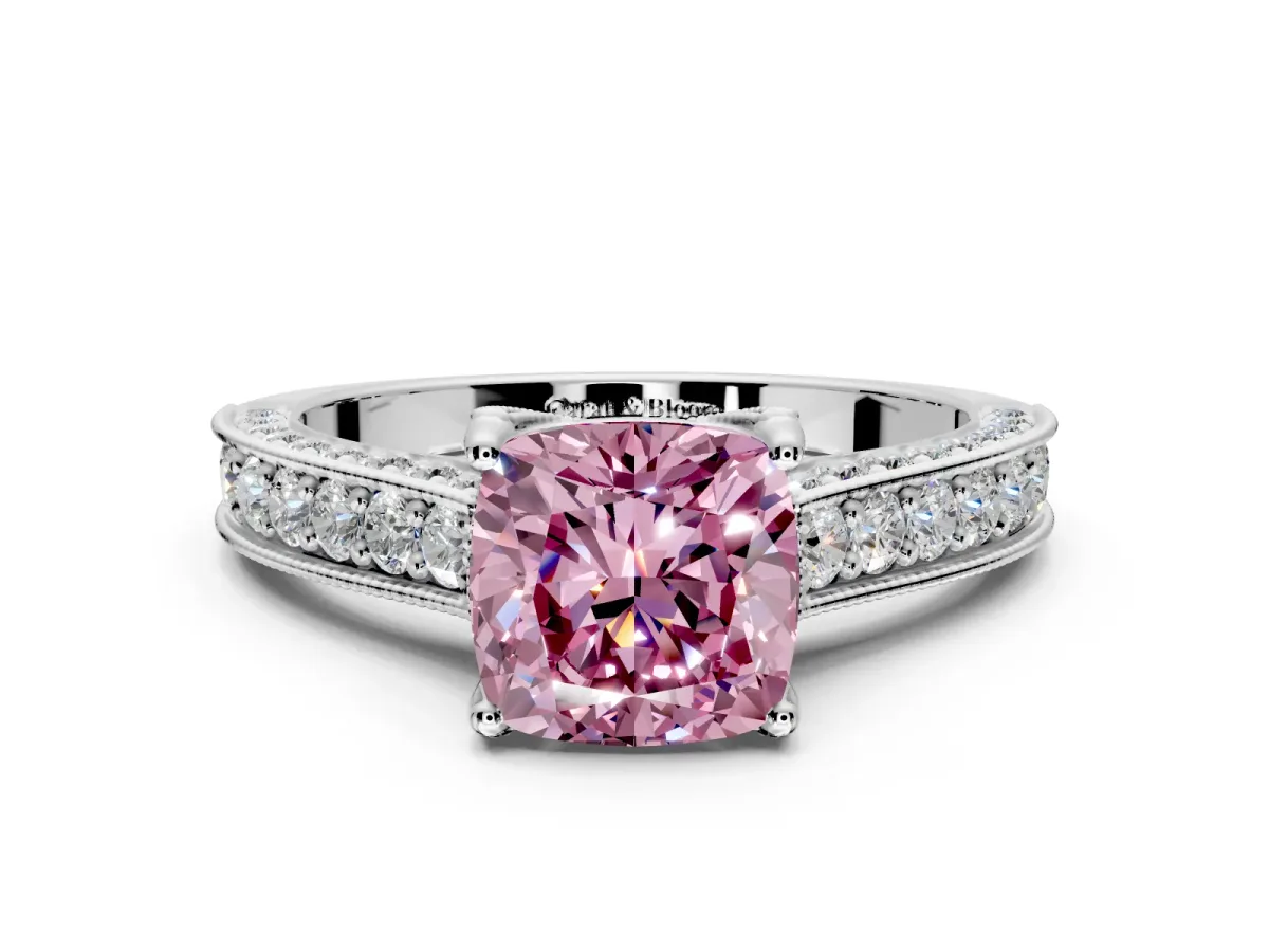 Solitaire Engagement Ring Setting for Fancy Pink Cushion Cut Center with Milgrain-Framed Pave Band and Prong Head in Platinum