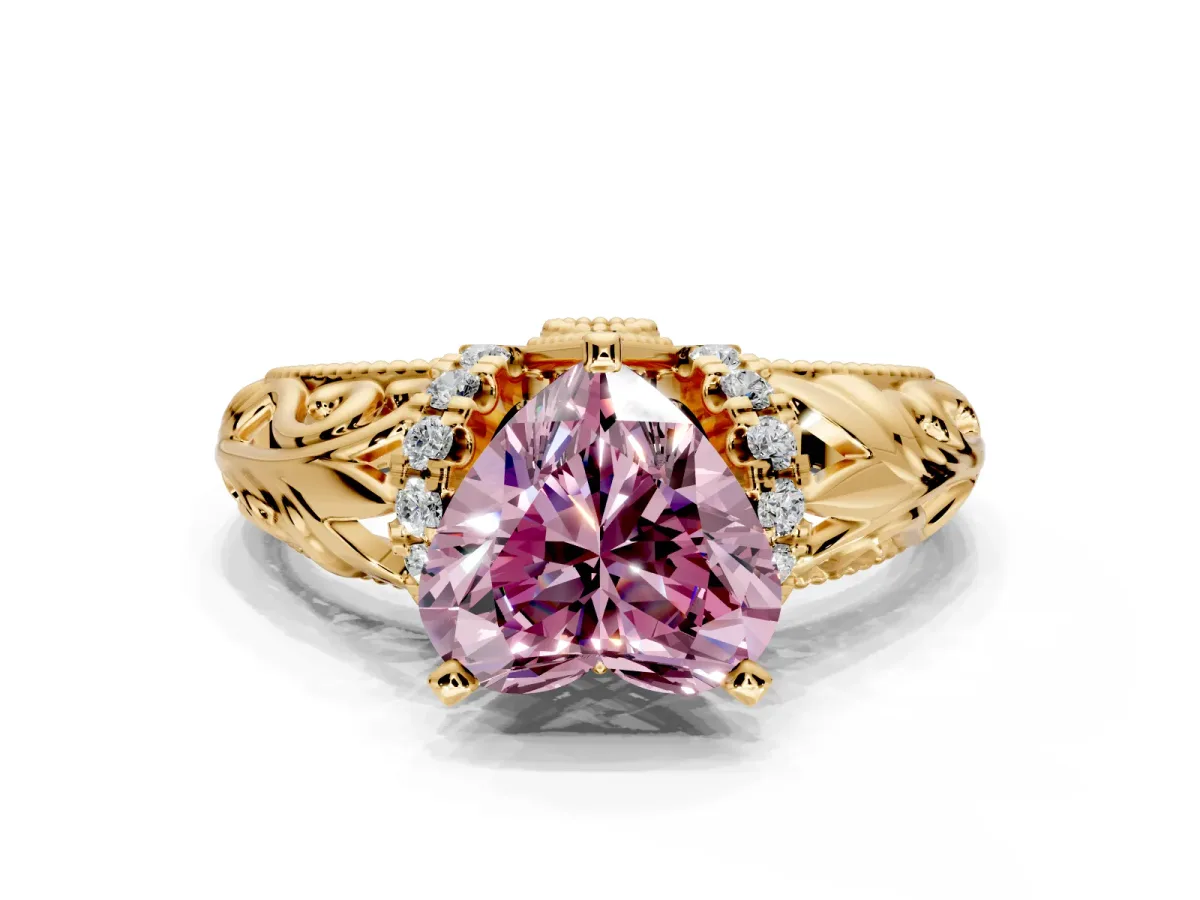 Solitaire Engagement Ring Setting for Fancy Pink Heart-Shaped Center with Filigree Accent Basket and Prong Head in Yellow Gold
