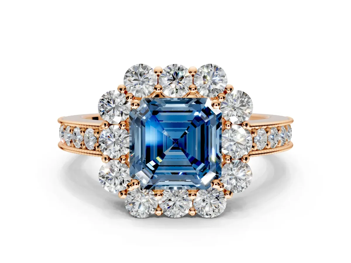 Halo Engagement Ring Setting for Fancy Blue Asscher Cut Center with Milgrain Channel Band and Prong Head in Rose Gold