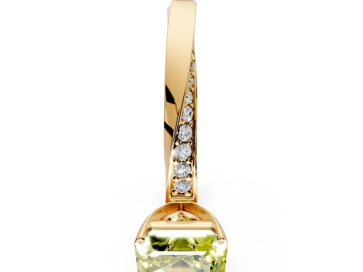 Side Accent Engagement Ring Setting for Fancy Yellow Asscher Cut Center with Accent Shoulders and Prong Head in Yellow Gold