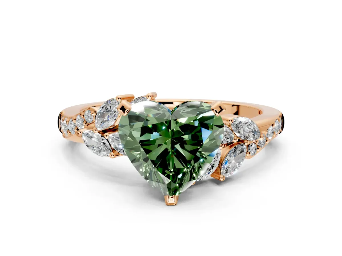 Solitaire Engagement Ring Setting for Fancy Green Heart-Shaped Center with Marquise Accent Twist Band and Prong Head in Rose Gold