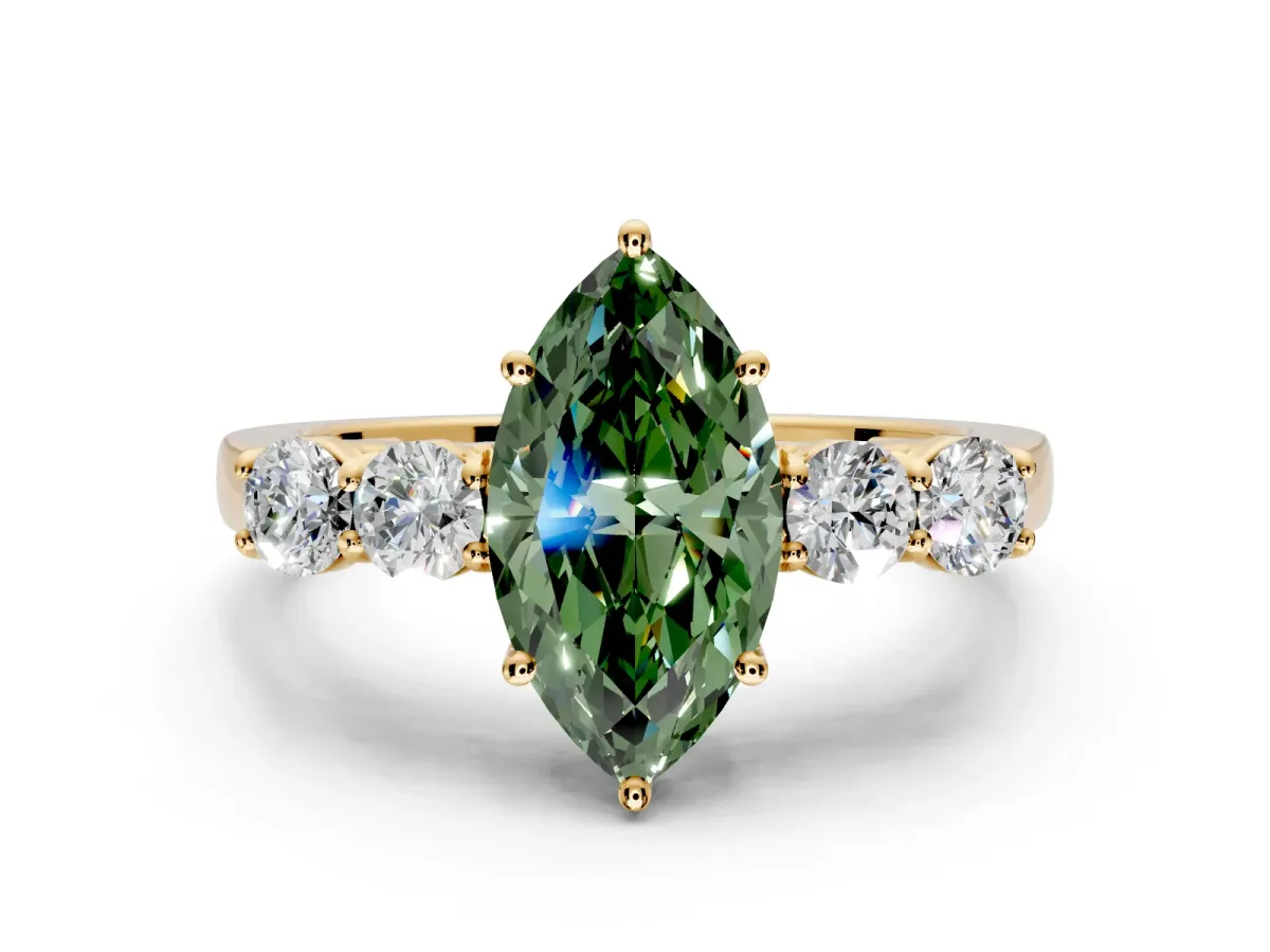 5 Stone Engagement Ring Setting for Fancy Green Marquise Center with Equal Close-Set Accents and Prong Head in Yellow Gold