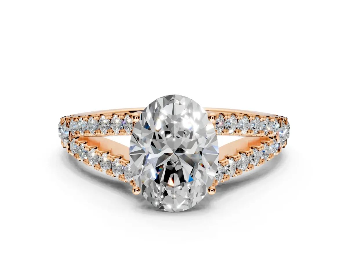 Solitaire Engagement Ring Setting for Oval Center with Pave Split Shank and Prong Head in Rose Gold