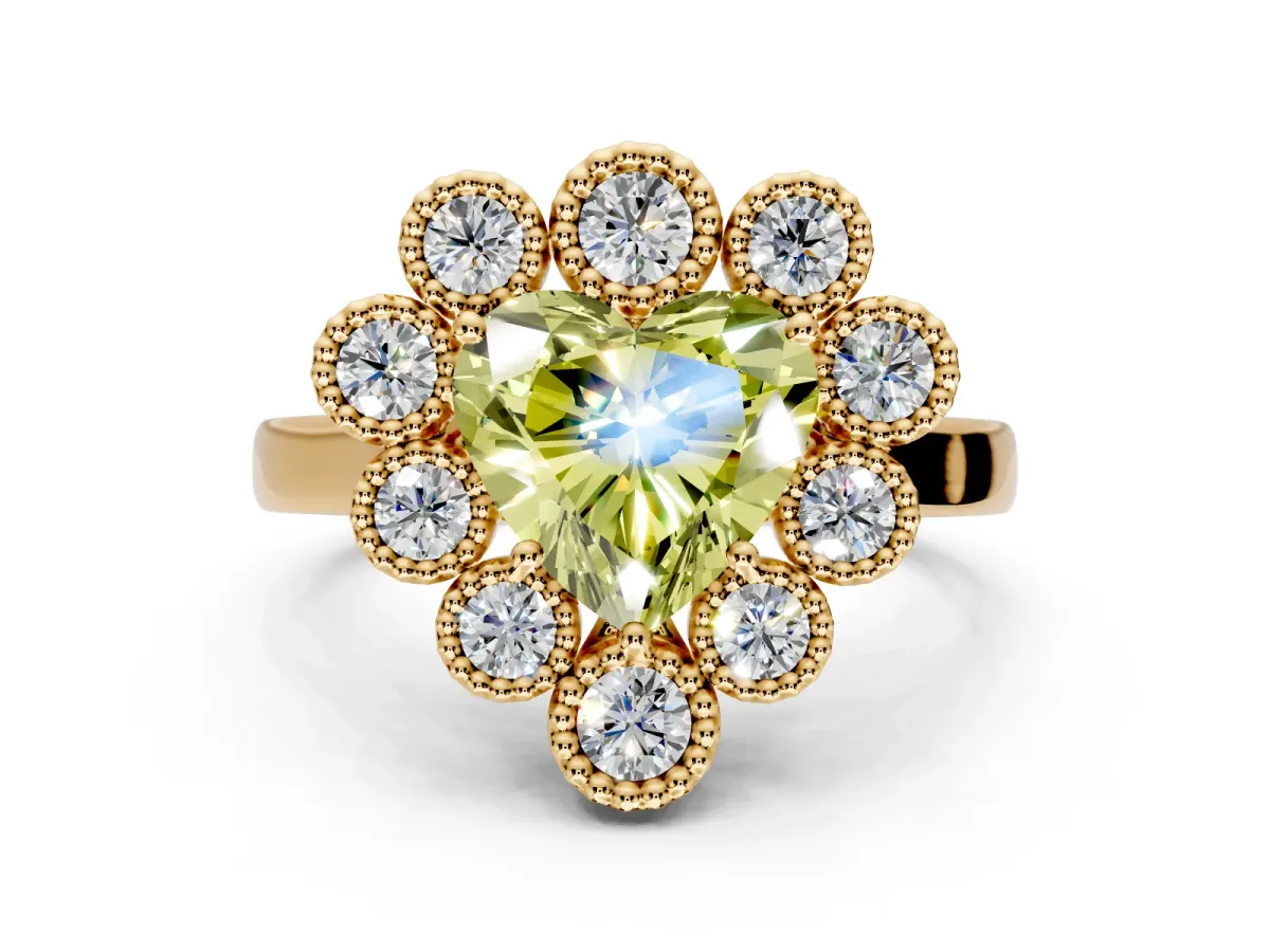 Cluster Halo Engagement Ring Setting for Fancy Yellow Heart-Shaped Center with Milgrain Bezel Accents and Prong Head in Yellow Gold