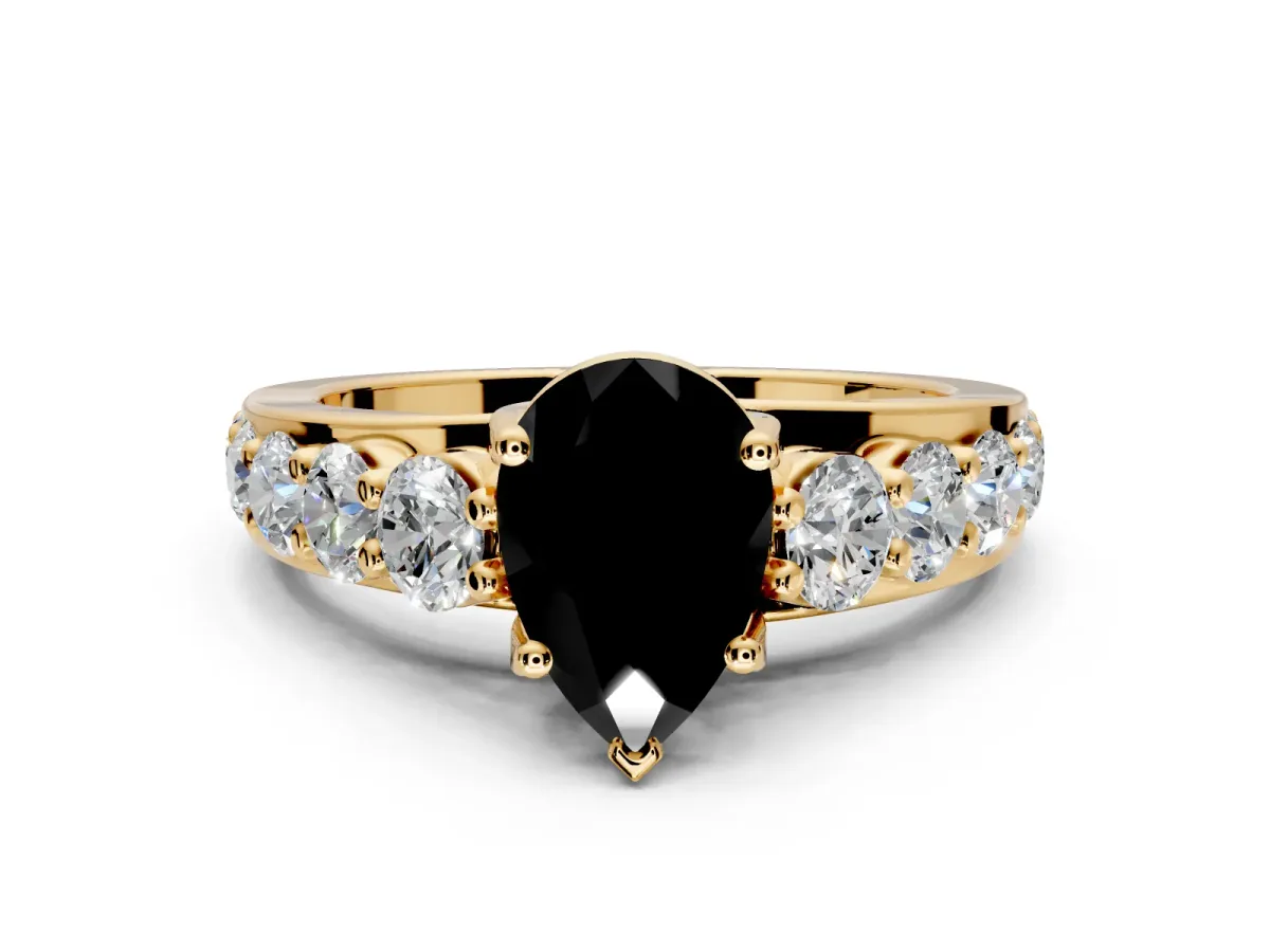 Solitaire Engagement Ring Setting for Fancy Black Pear-Shaped Center with Graduated Shared Prongs and Prong Head in Yellow Gold