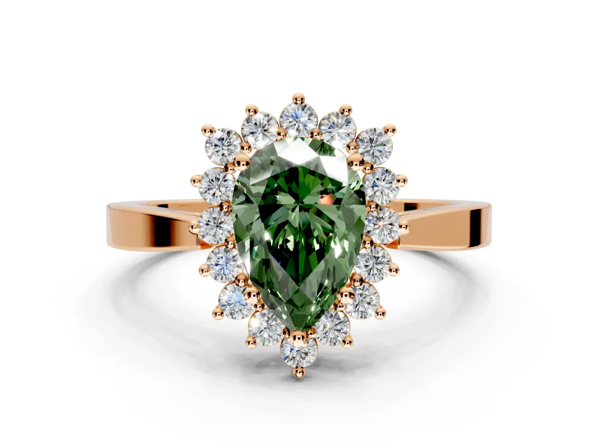 Starburst Halo Engagement Ring Setting for Fancy Green Pear-Shaped Center with Flat Cathedral Band and Prong Head in Rose Gold