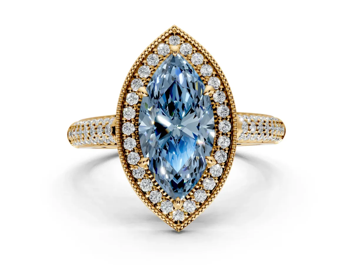 Milgrain Halo Engagement Ring Setting for Fancy Blue Marquise Center with Three-Sided Pave Band and Prong Head in Yellow Gold