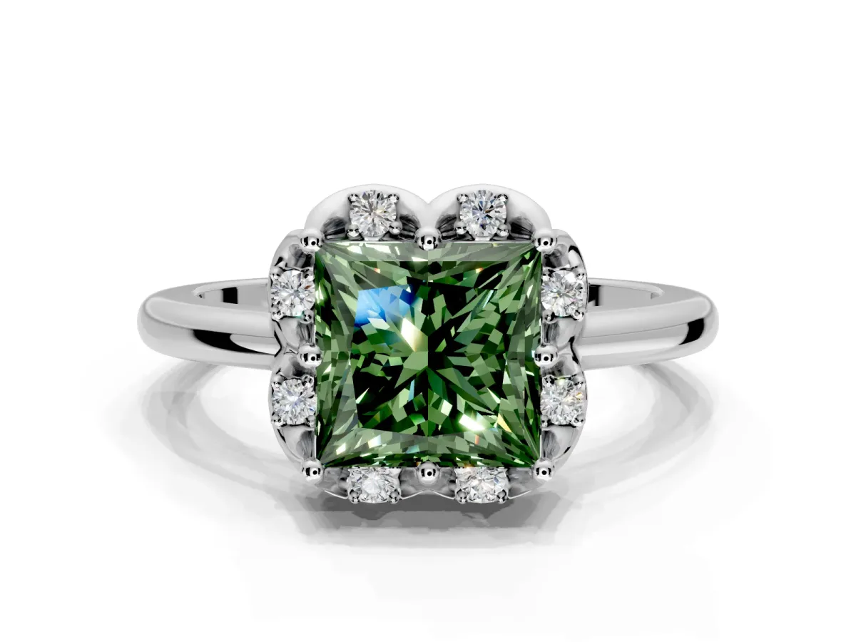 Floral Frame Engagement Ring Setting for Fancy Green Princess Cut Center with Accent Clusters and Prong Head in Sterling Silver