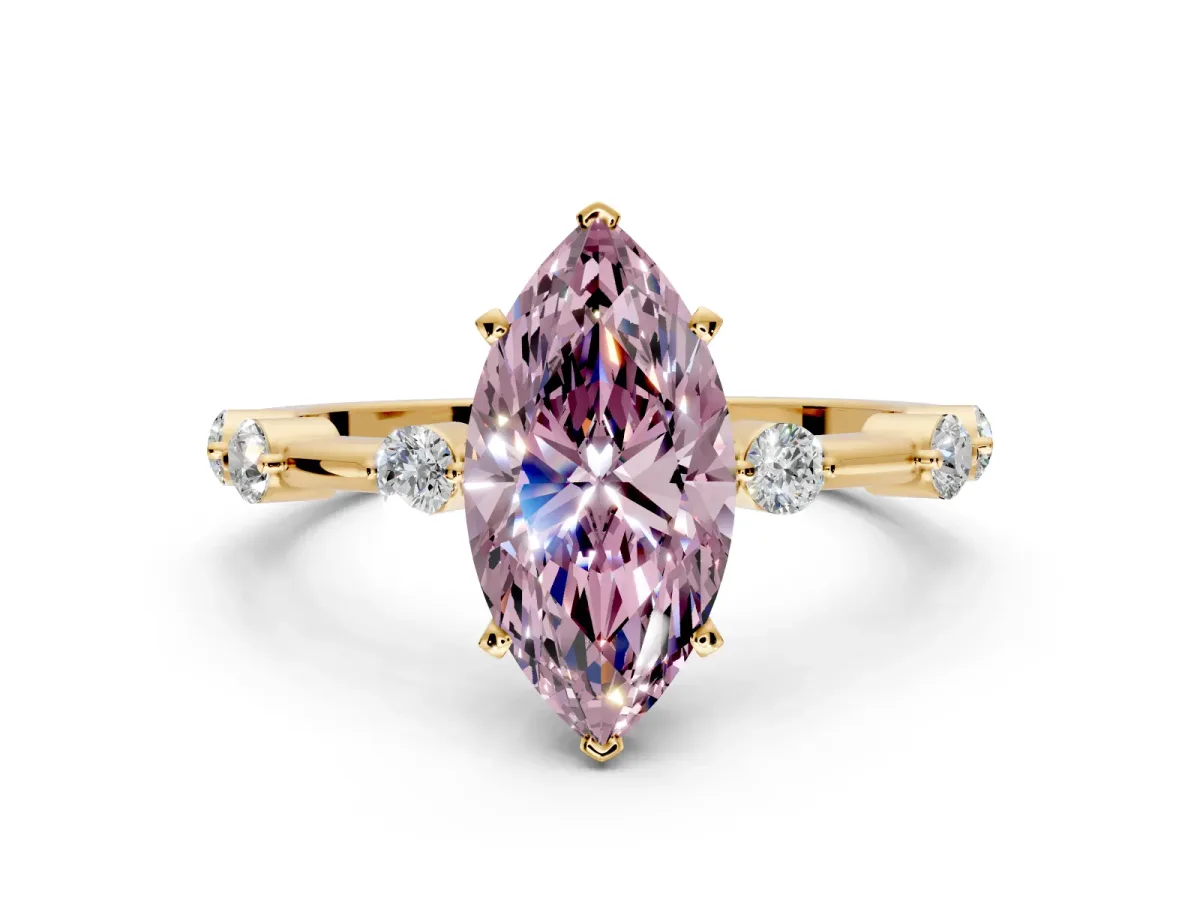 Solitaire Engagement Ring Setting for Fancy Pink Marquise Center with Bezel Station Band and Prong Head in Yellow Gold