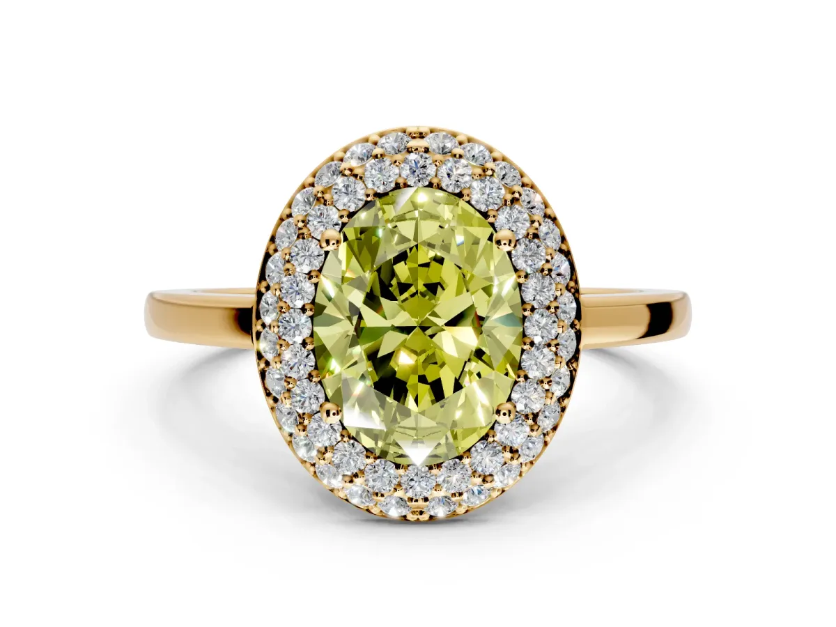 Halo Engagement Ring Setting for Fancy Yellow Oval Center with Plain Tapered Band and Prong Head in Yellow Gold