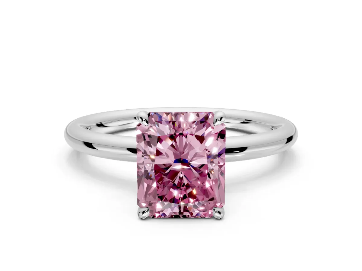 Hidden Halo Engagement Ring Setting for Fancy Pink Radiant Cut Center with Thin Rounded Band and Prong Head in Sterling Silver