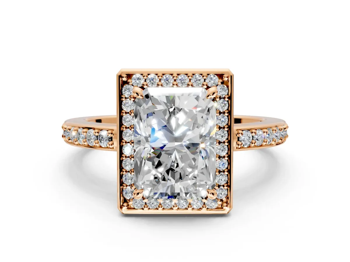 Halo Engagement Ring Setting for Radiant Cut Center with Metal-Rimmed Halo, Pave Band and Prong Head in Rose Gold