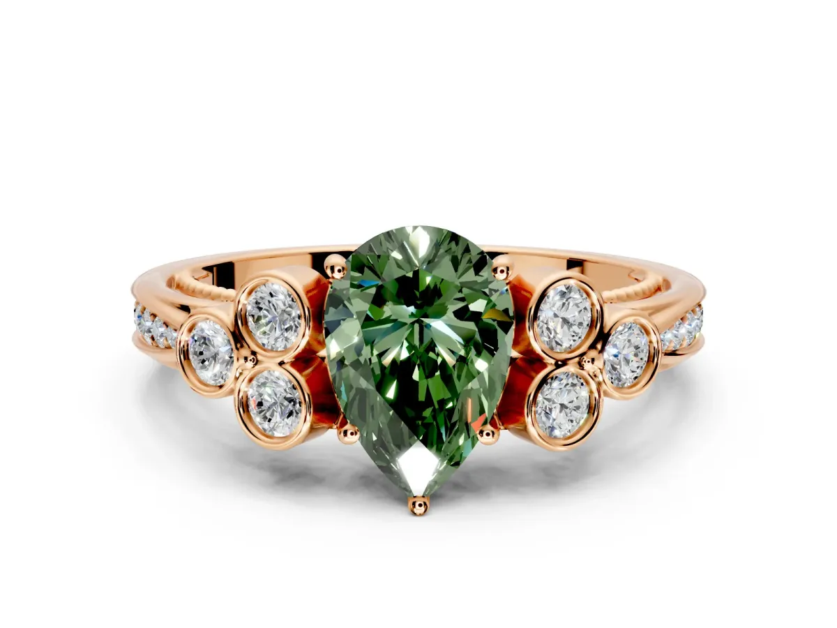 Cluster Engagement Ring Setting for Fancy Green Pear-Shaped Center with Bezel Accent Clusters and Prong Head in Rose Gold