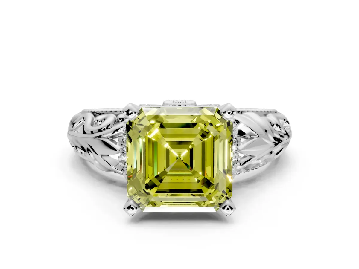 Solitaire Engagement Ring Setting for Fancy Yellow Asscher Cut Center with Filigree Accent Basket and Prong Head in White Gold