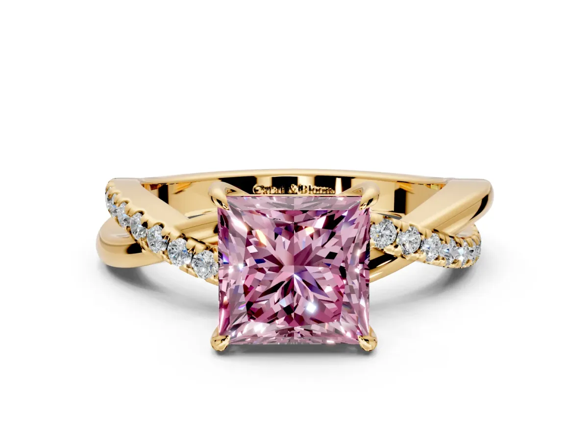 Crossover Engagement Ring Setting for Fancy Pink Princess Cut Center with Pave and Plain Strands and Prong Head in Yellow Gold