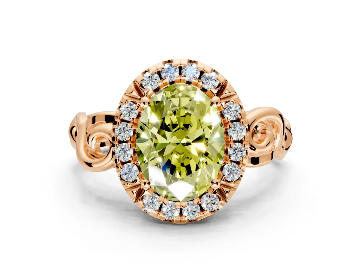 Halo Engagement Ring Setting for Fancy Yellow Oval Center with Open Scroll Shoulders and Prong Head in Rose Gold