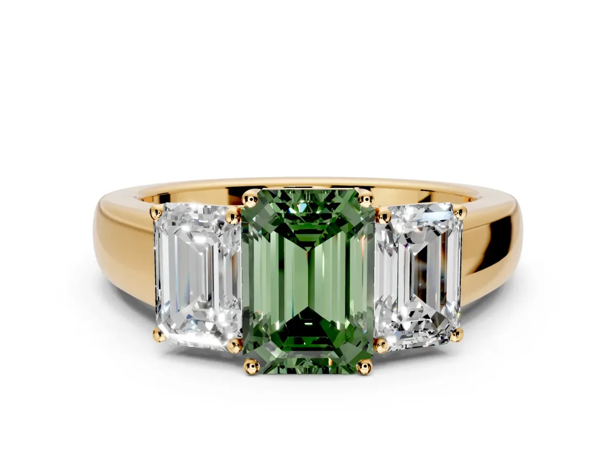 3 Stone Engagement Ring Setting for Fancy Green Emerald Cut Center with Raised Basket Heads and Prong Head in Yellow Gold