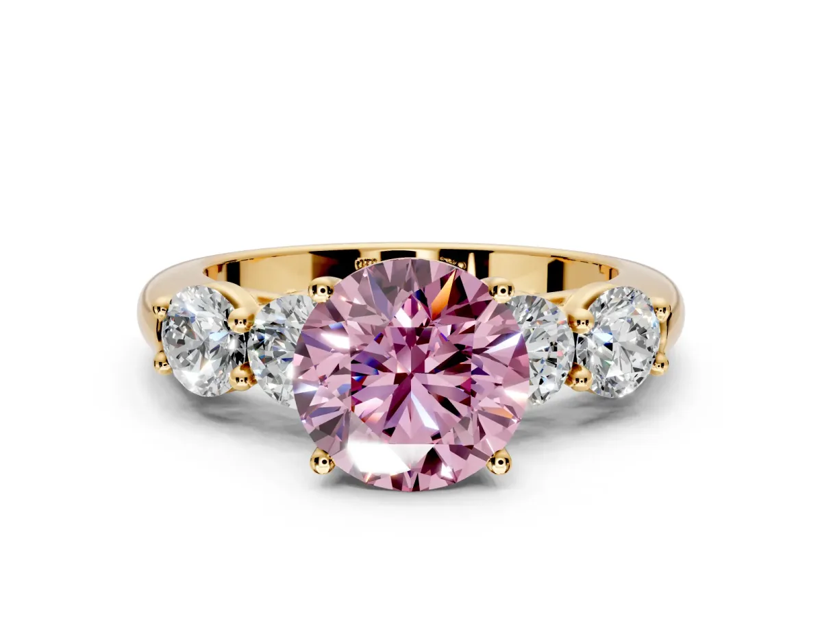 5 Stone Engagement Ring Setting for Fancy Pink Round Cut Center with Graduated Accents and Prong Head in Yellow Gold