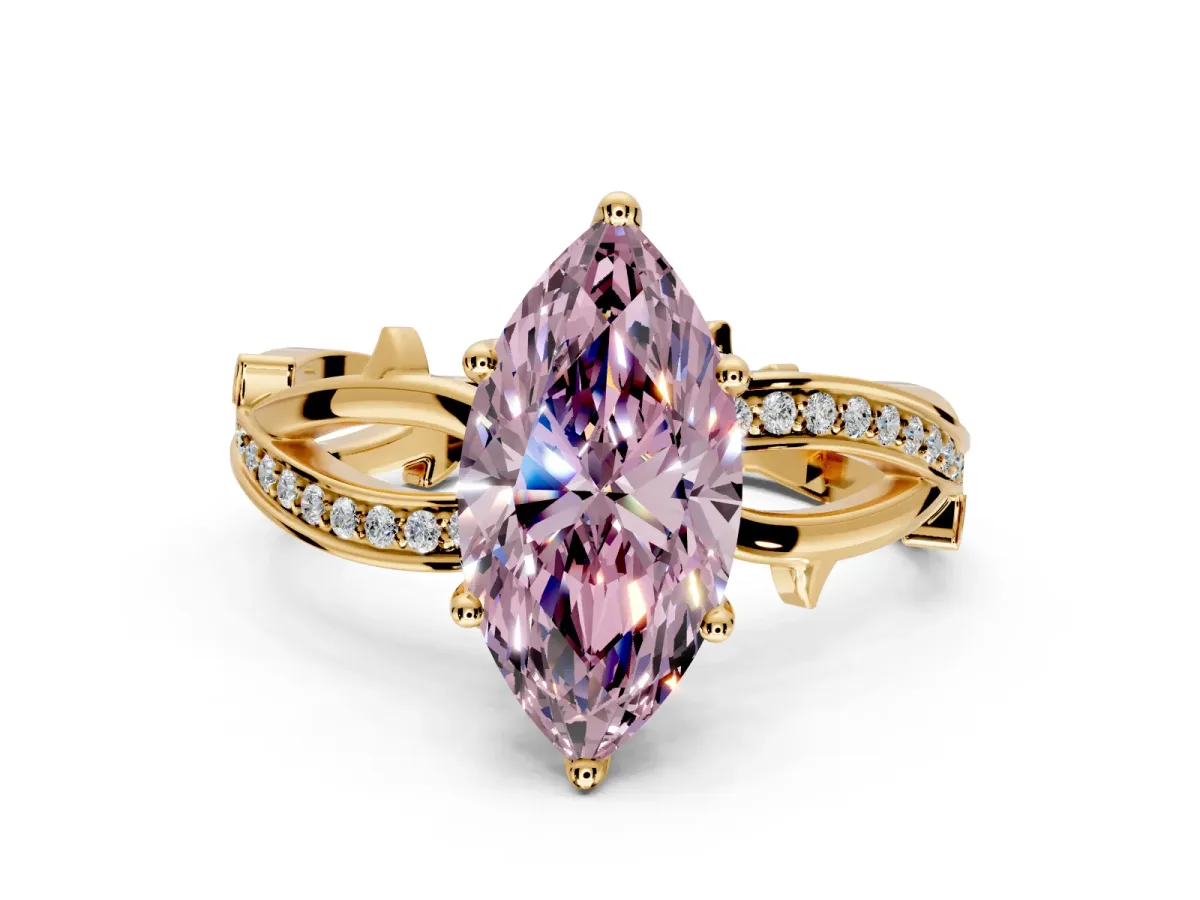 Solitaire Engagement Ring Setting for Fancy Pink Marquise Center with Pave and Plain Crossover Band and Prong Head in Yellow Gold