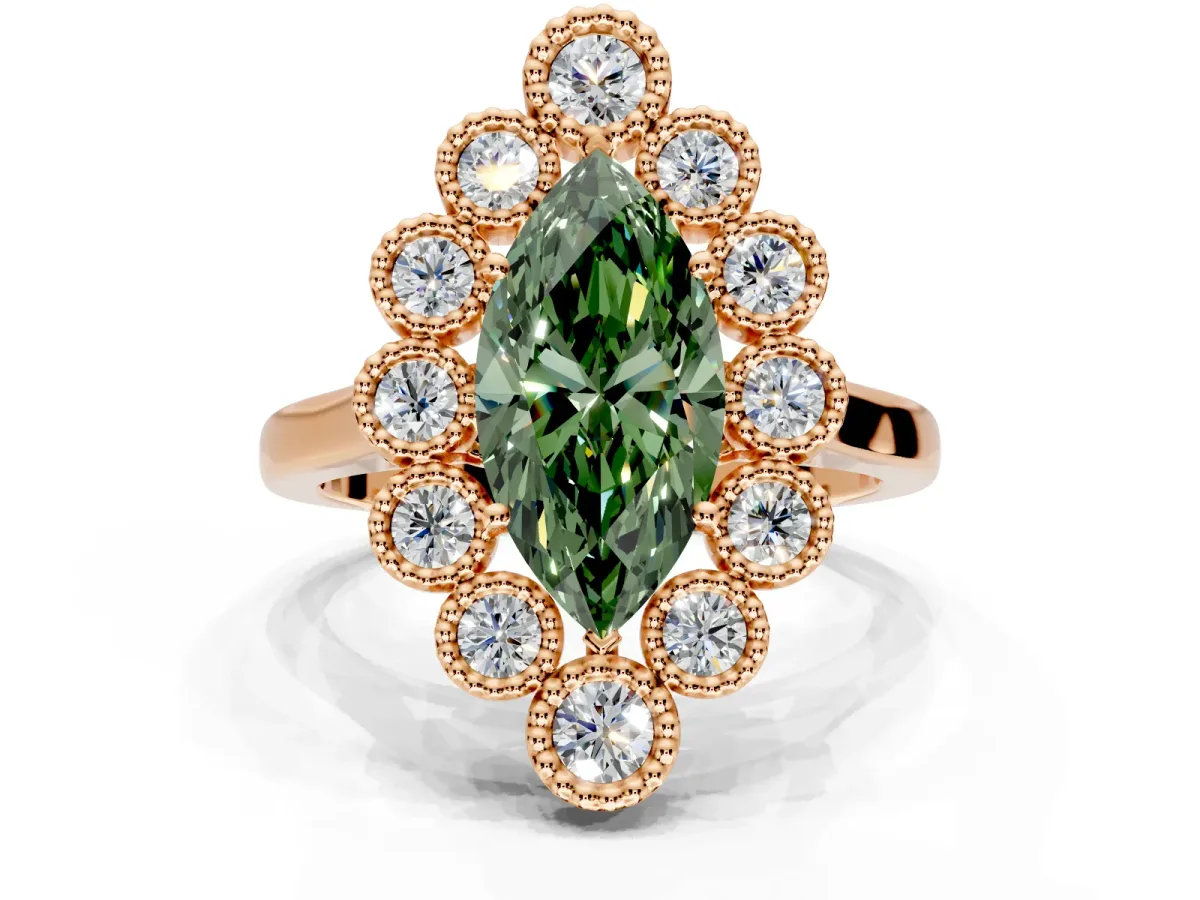 Cluster Halo Engagement Ring Setting for Fancy Green Marquise Center with Milgrain Bezel Accents and Prong Head in Rose Gold