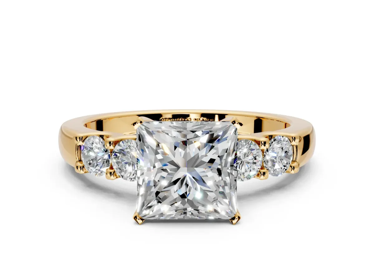 5 Stone Engagement Ring Setting for Princess Cut Center with Plain Band and Prong Head in Yellow Gold