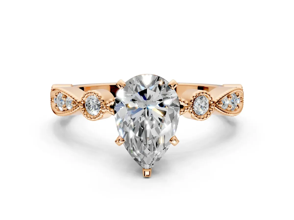 Solitaire Engagement Ring Setting for Pear-Shaped Center with Milgrain Bezel Accents and Prong Head in Rose Gold