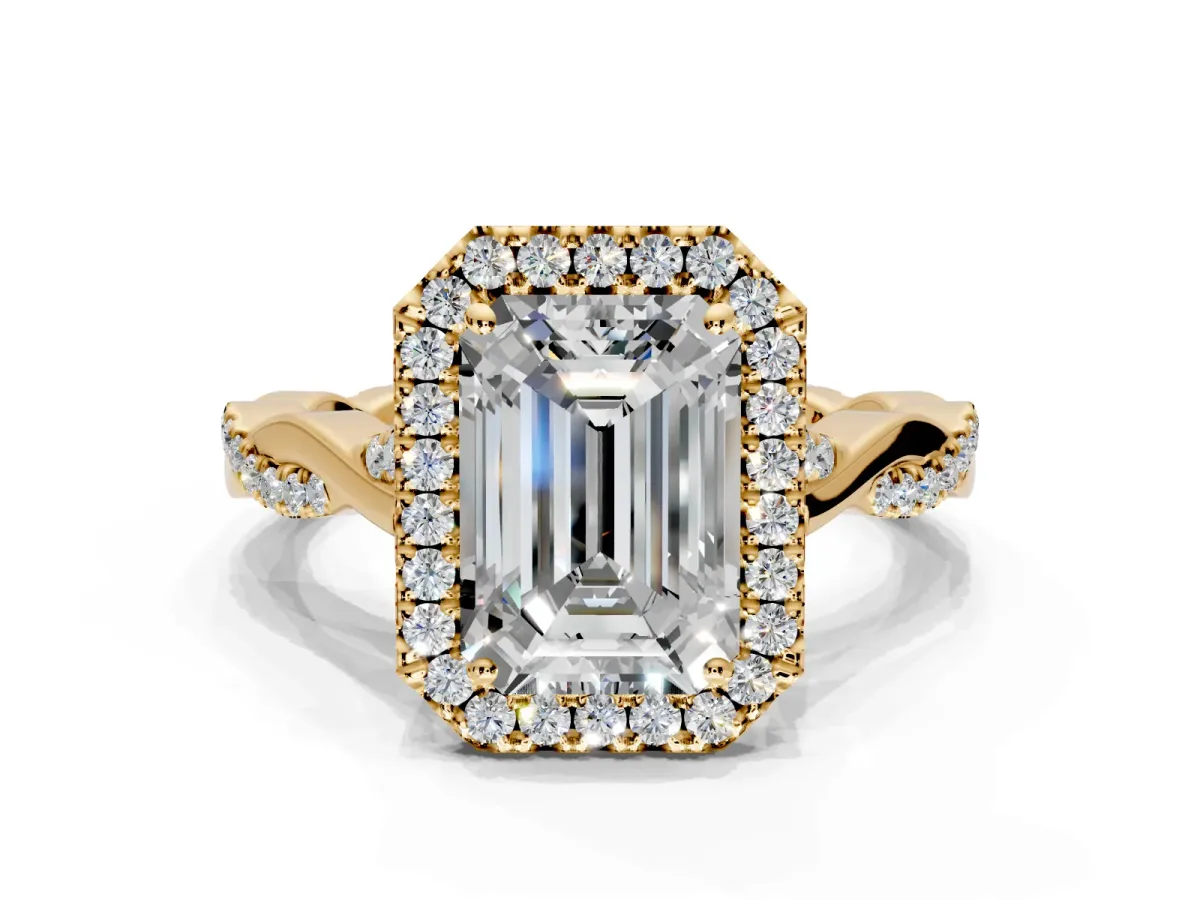 Halo Engagement Ring Setting for Emerald Cut Center with Twist Band and Prong Head in Yellow Gold
