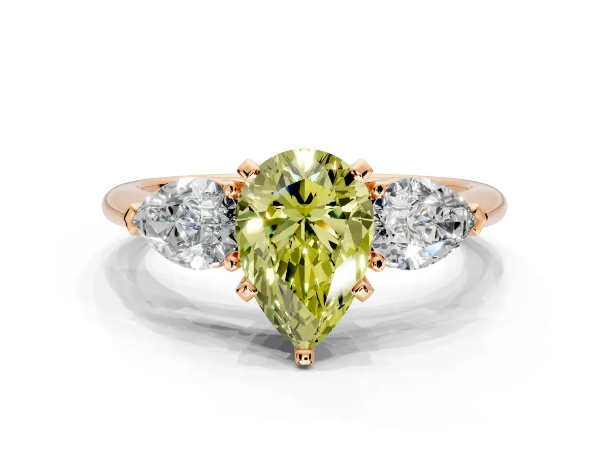 3 Stone Engagement Ring Setting for Fancy Yellow Pear-Shaped Center with Large Pear-Shaped Accents and Prong Head in Rose Gold