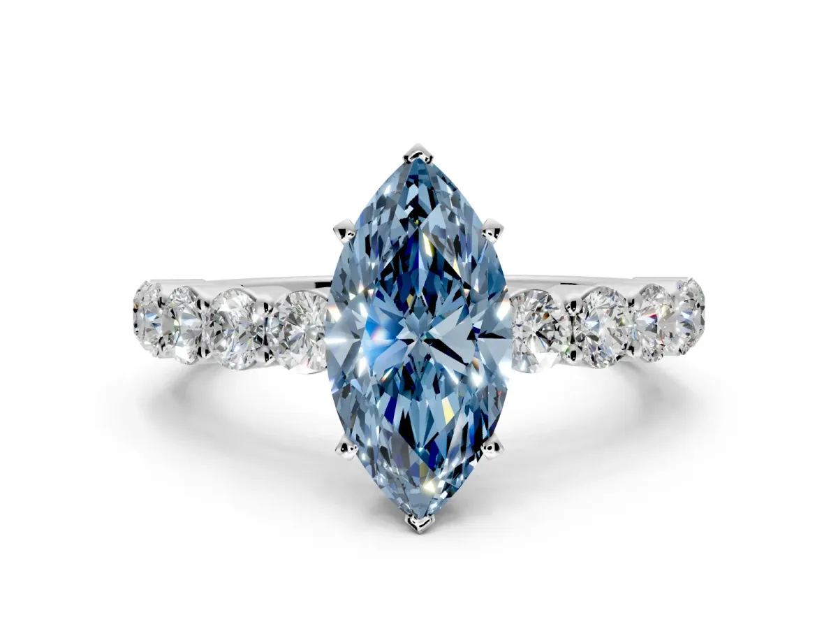 Shared-Prong Engagement Ring Setting for Fancy Blue Marquise Center with Graduated Accents and Prong Head in Sterling Silver