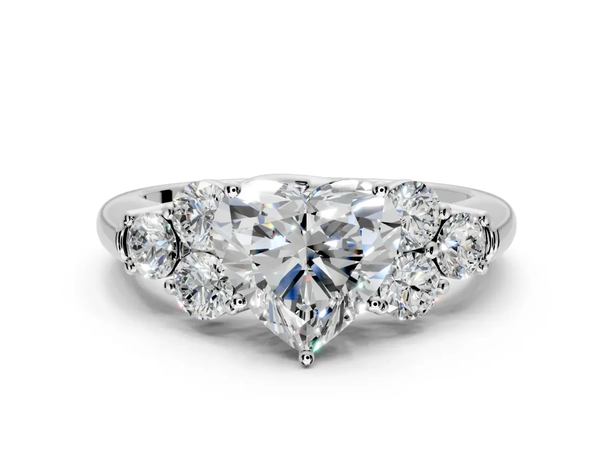 Cluster Engagement Ring Setting for Heart-Shaped Center with Round Cut Accent Frame and Prong Head in Platinum