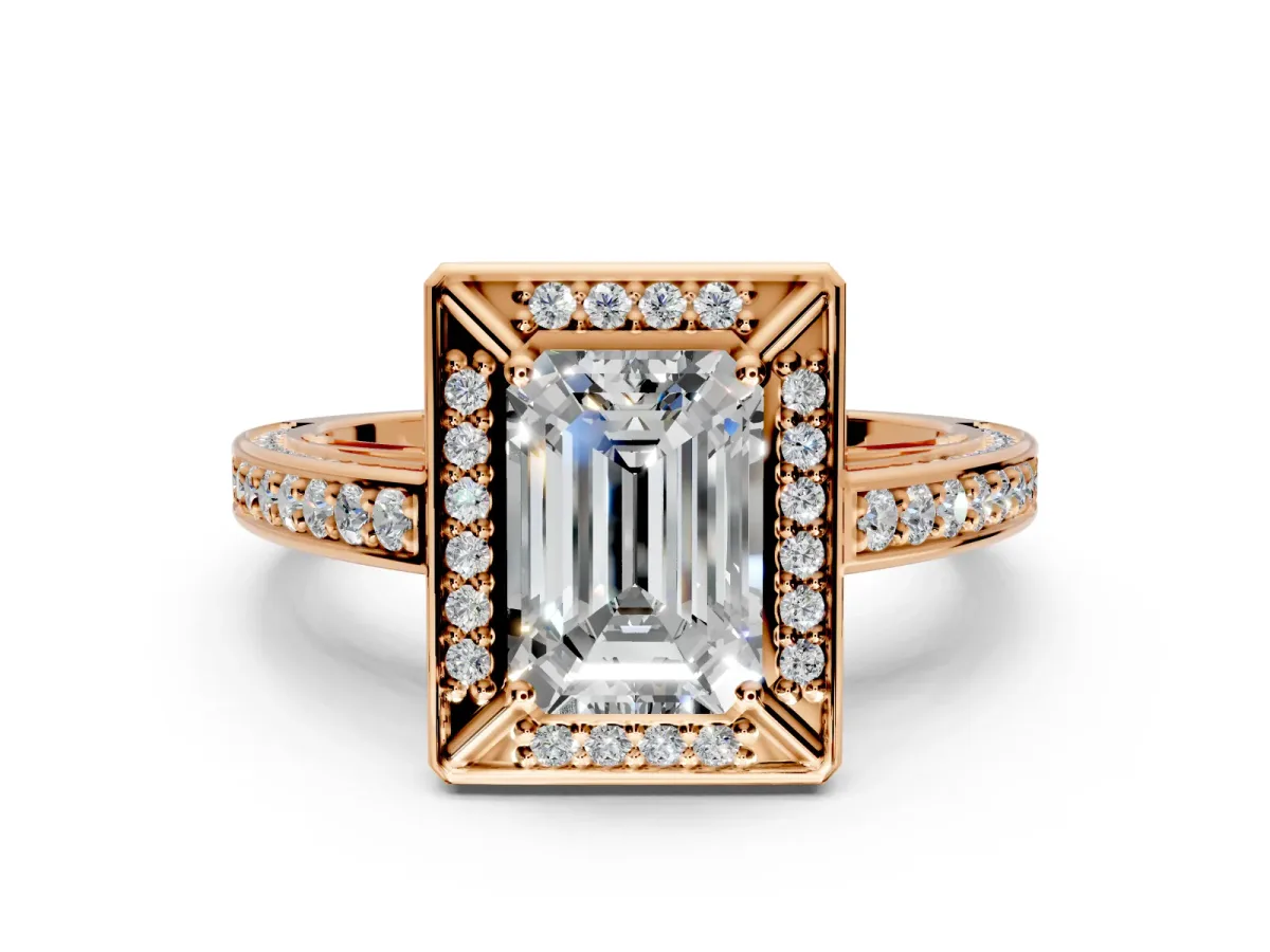 Halo Engagement Ring Setting for Emerald Cut Center with Framed Halo, Pave Band and Prong Head in Rose Gold