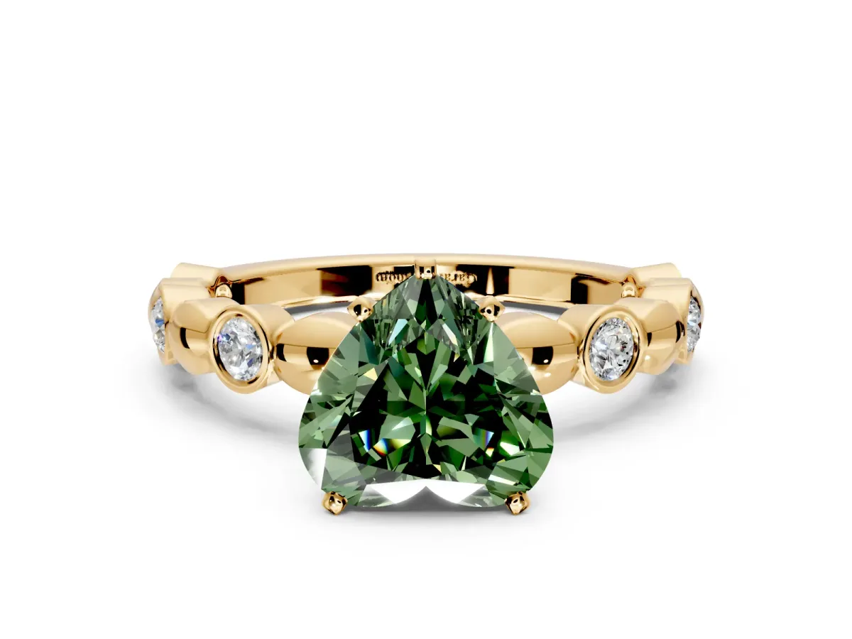 Solitaire Engagement Ring Setting for Fancy Green Heart-Shaped Center with Beaded Bezel Station Band and Prong Head in Yellow Gold