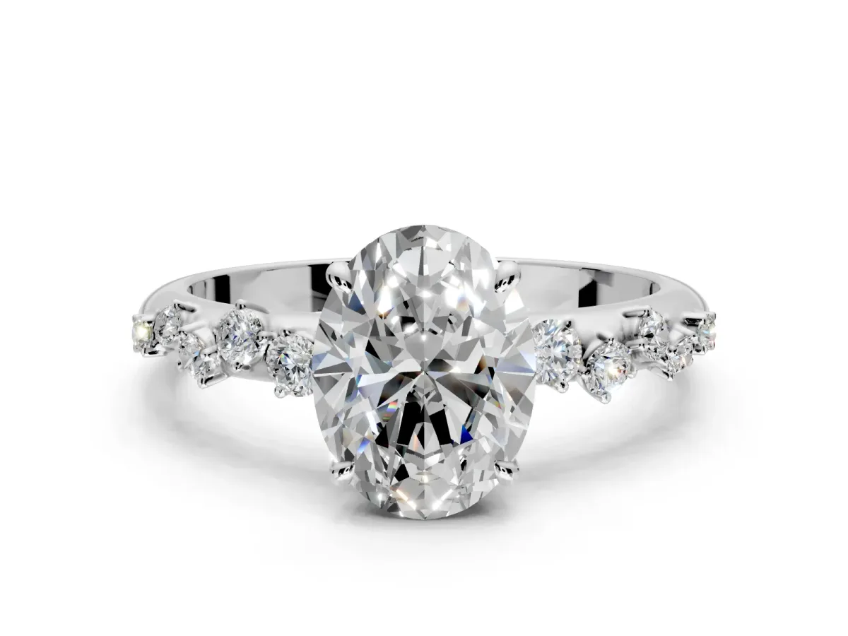 Cluster Engagement Ring Setting for Oval Center with Round Cut Accent Band and Prong Head in White Gold