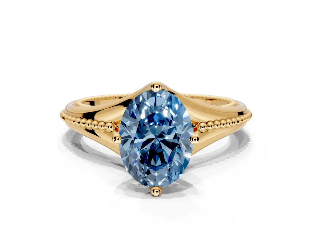 Solitaire Engagement Ring Setting for Fancy Blue Oval Center with Milgrain Cathedral Band and Prong Head in Yellow Gold