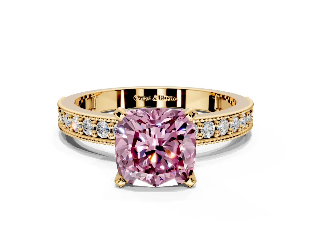 Milgrain Pave Engagement Ring Setting for Fancy Pink Cushion Cut Center with Accent Band and Prong Head in Yellow Gold