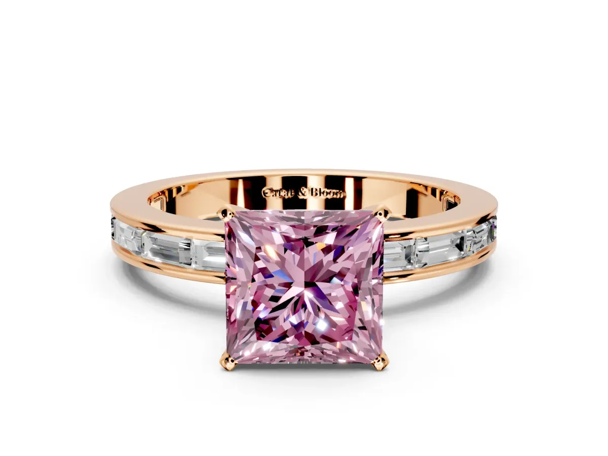 Solitaire Engagement Ring Setting for Fancy Pink Princess Cut Center with Channel Baguette Band and Prong Head in Rose Gold