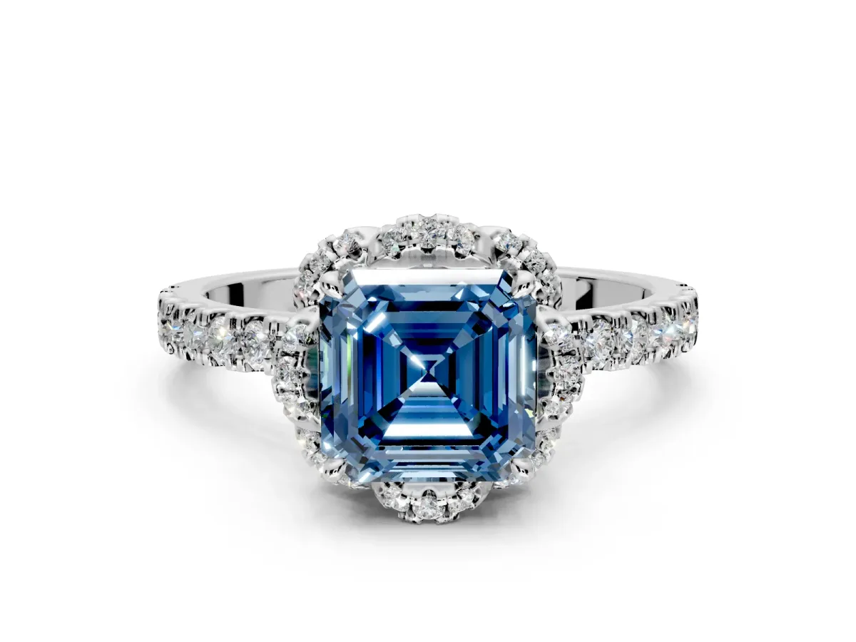 Halo Engagement Ring Setting for Fancy Blue Asscher Cut Center with Openwork Halo, Pave Band and Prong Head in Platinum